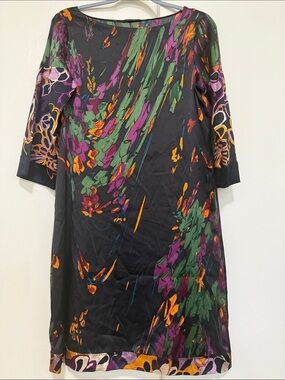 Elie Tahari Black Midi Dress with Purple, Green & Orange Abstract Floral Print